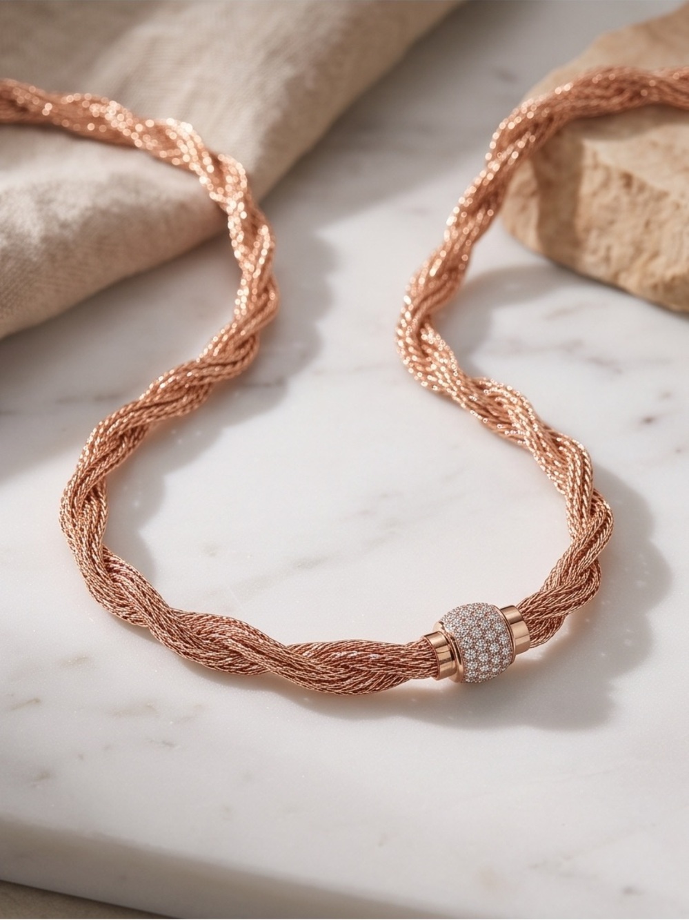 Elegant Rose Gold Twisted Rope Necklace with Rhinestone Magnetic Clasp NWT